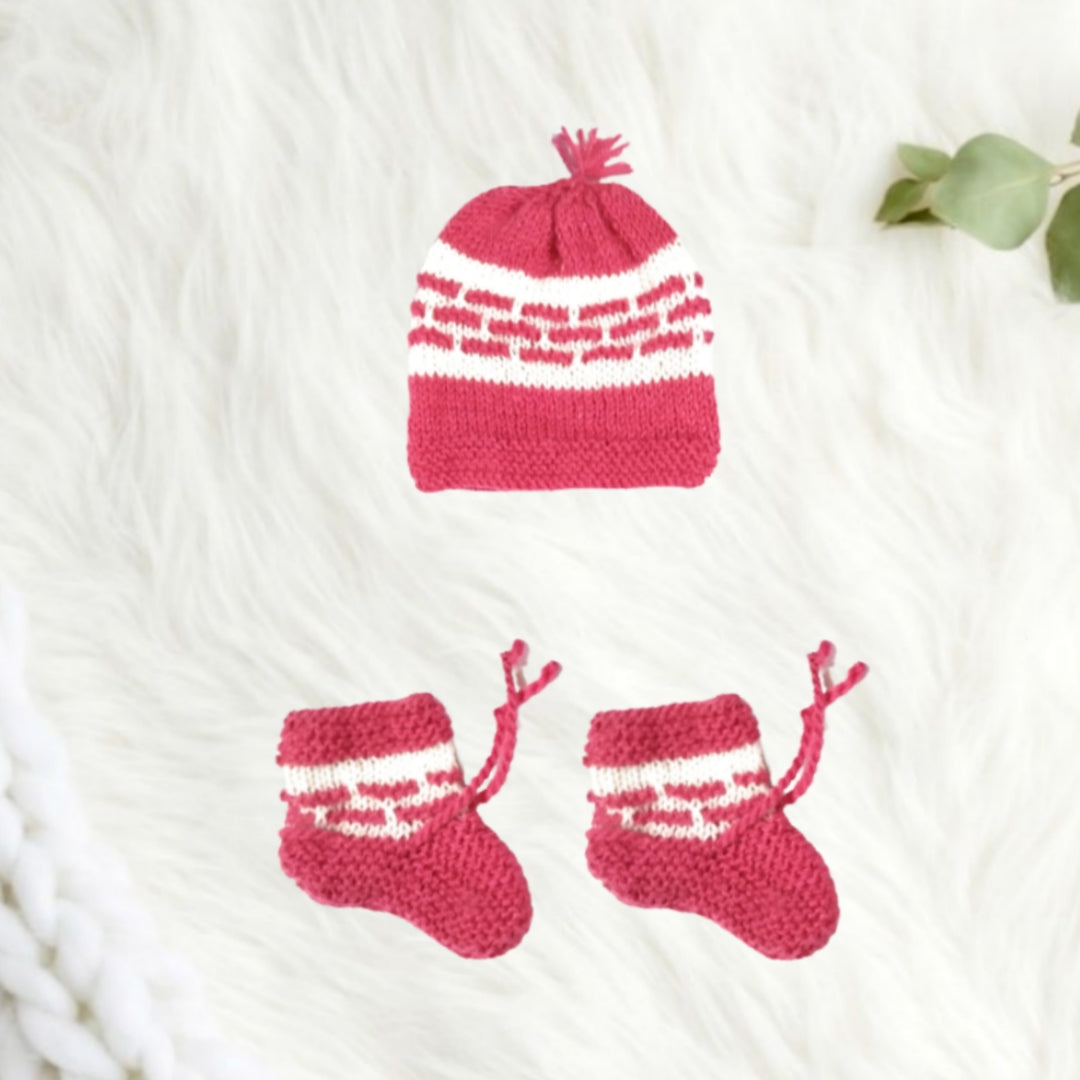 Hand knitted Box Design Sweater Set with Cap and Booties - Multicolour