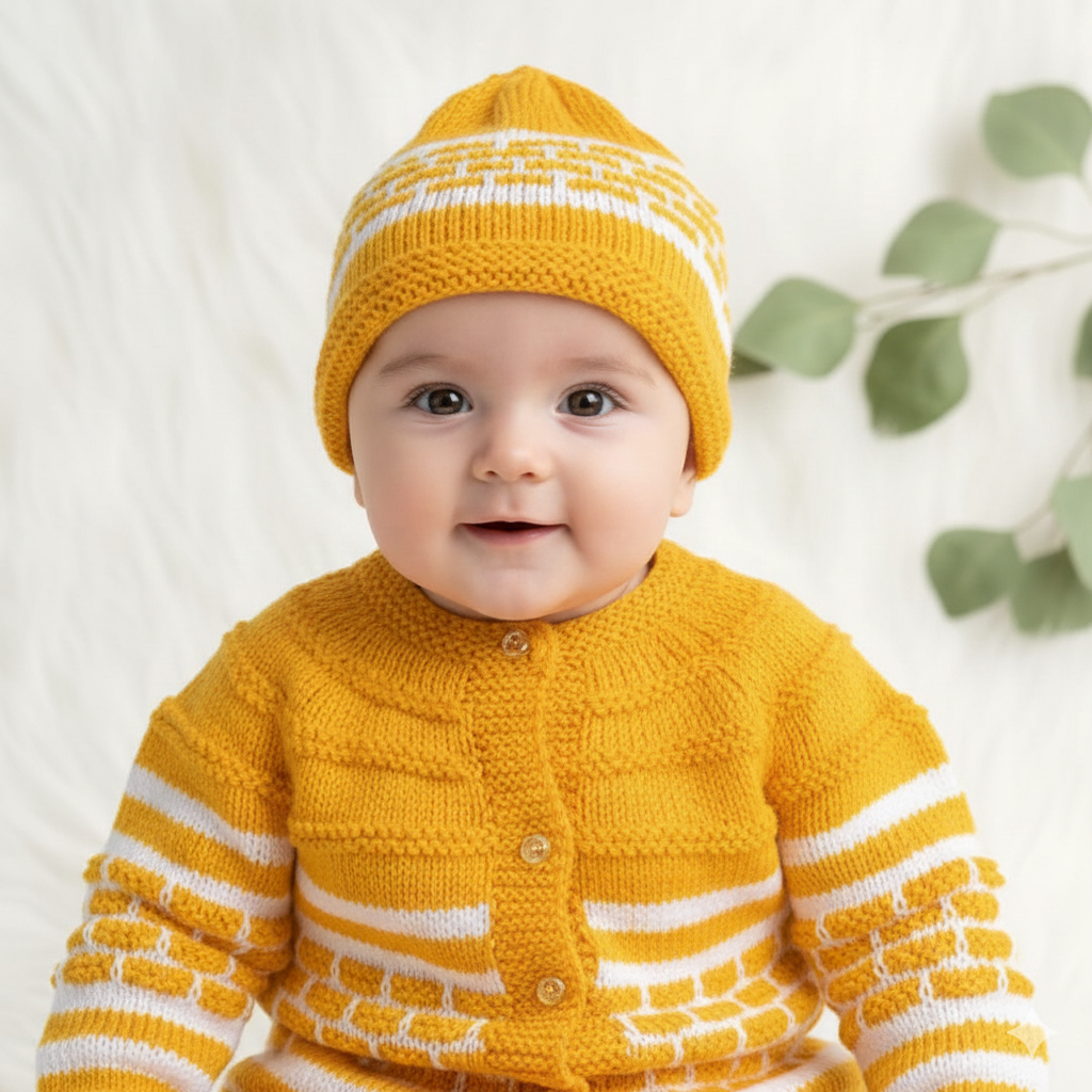 Hand knitted Box Design Sweater Set with Cap and Booties - Yellow and White