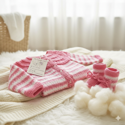 Hand Knitted Sweater Set with Cap & Booties for Baby – Baby Pink