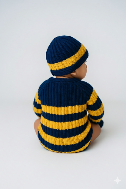 Hand Knitted Striped Sweater Set with Cap & Booties for Baby – Blue and Yellow