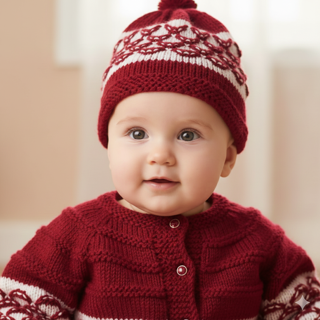 Knitted Self Design Sweater Set with Cap and Booties - Red and White