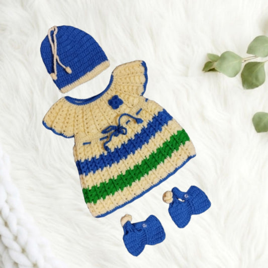 Multicolour Self Design Crochet Frock with Cap and Booties - Multi