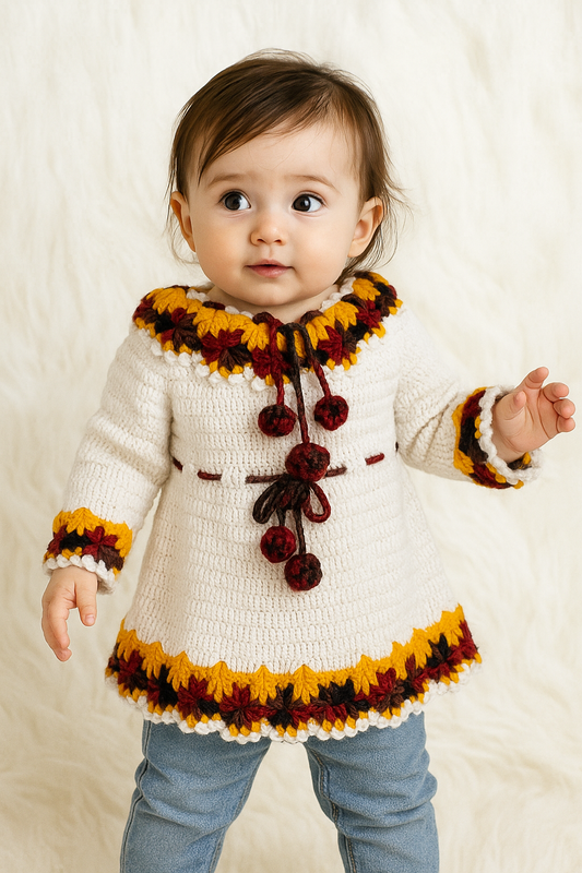 Hand Knitted Flower Pattern Design Pullover Dress - Cream