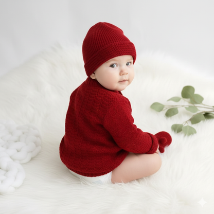 Hand knitted Self Design Sweater Set with Cap and Booties - Red