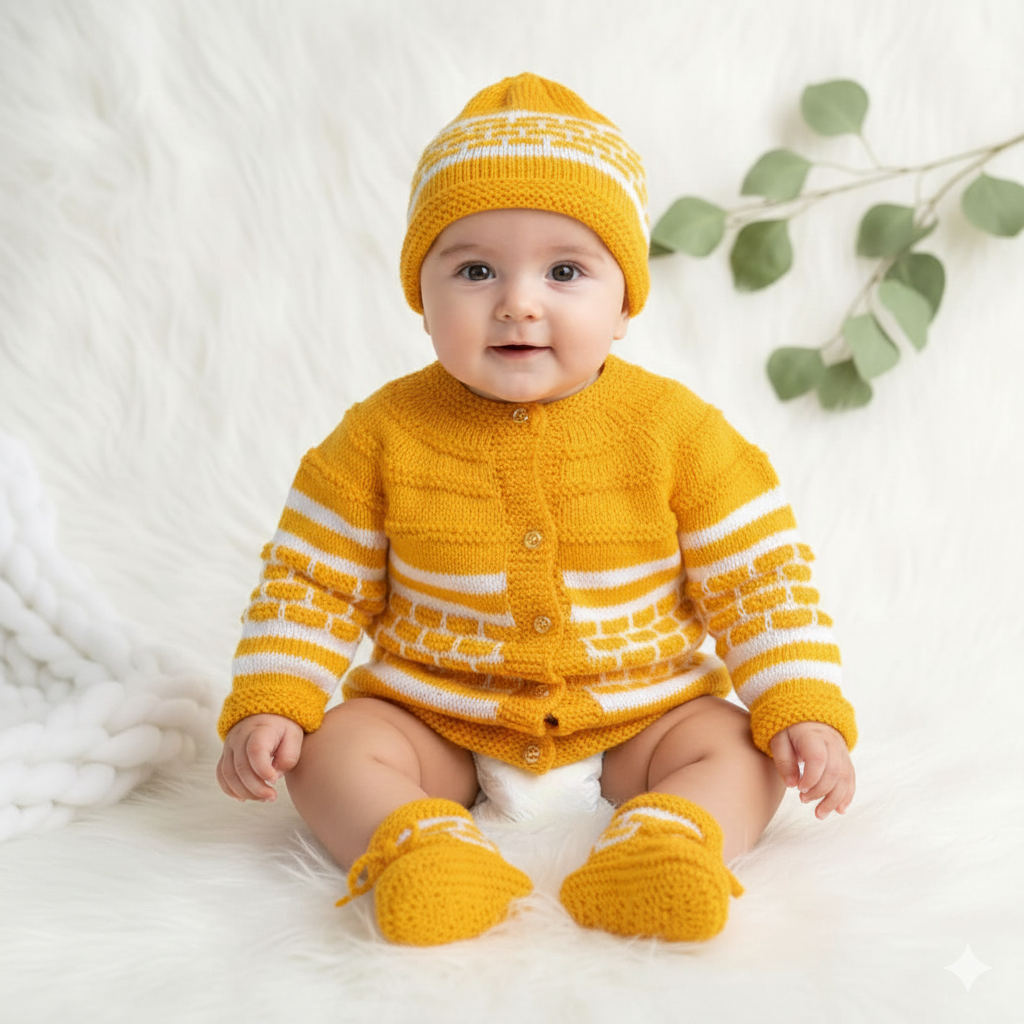 Hand knitted Box Design Sweater Set with Cap and Booties - Yellow and White