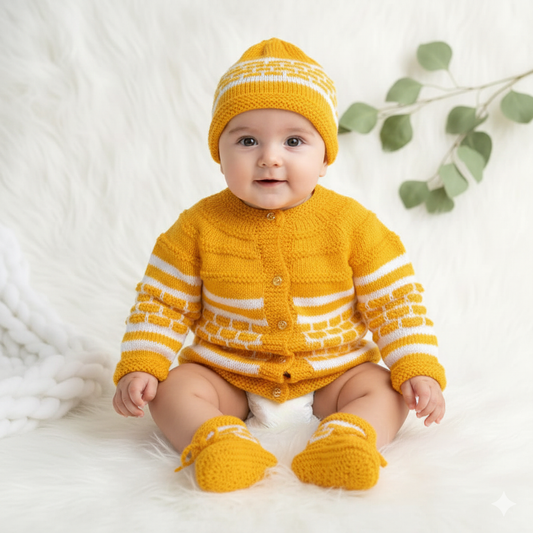 Hand knitted Box Design Sweater Set with Cap and Booties - Yellow and White