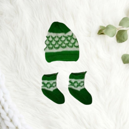 Knitted Self Design Sweater Set with Cap and Booties - Green and White