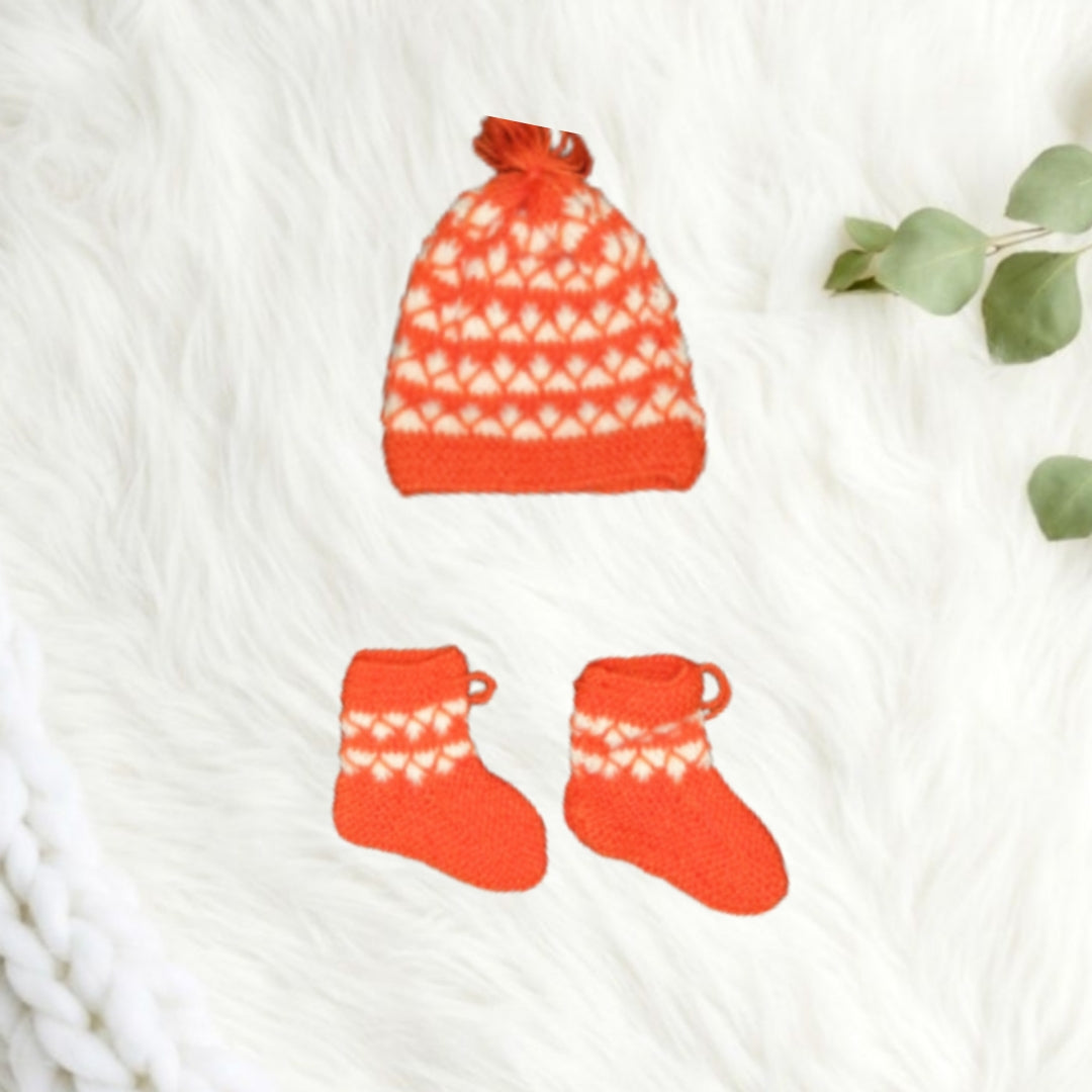 Snug and Stylish Katori Design Sweater Set with Cap and Booties - Orange
