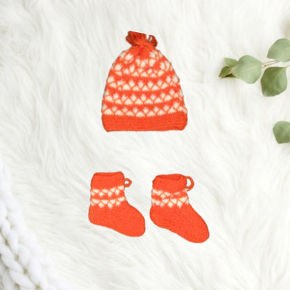 Snug and Stylish Katori Design Sweater Set with Cap and Booties - Orange