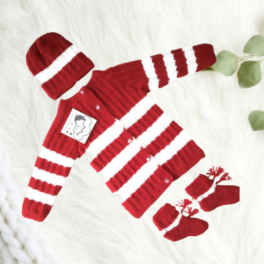Unique Self Design Striped Sweater Set with Cap and Booties - Red and White
