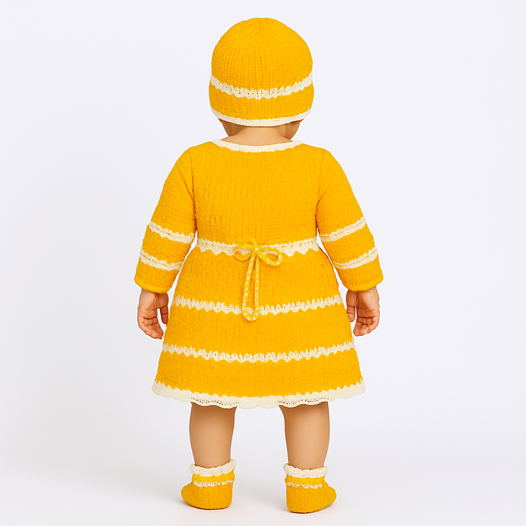 Hand Knitted Self Design Baby Frock Set with Cap & Booties – Yellow and White