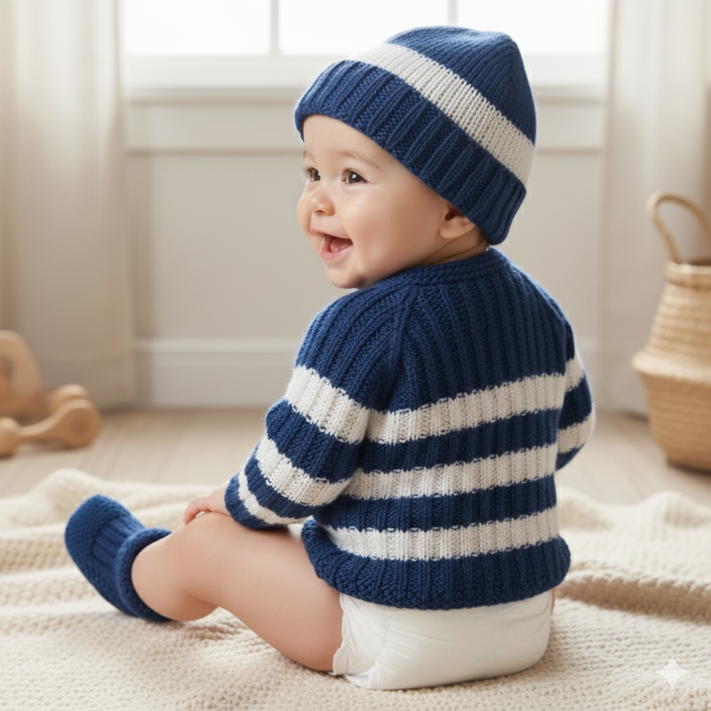Hand Knitted Striped Sweater Set with Cap and Booties - Blue and White