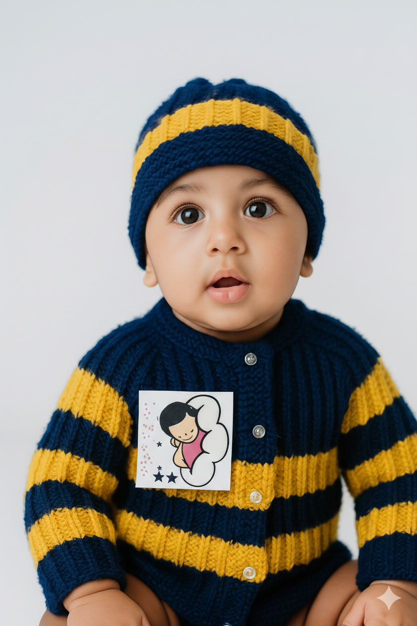 Hand Knitted Striped Sweater Set with Cap & Booties for Baby – Blue and Yellow