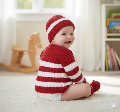 Unique Self Design Striped Sweater Set with Cap and Booties - Red and White