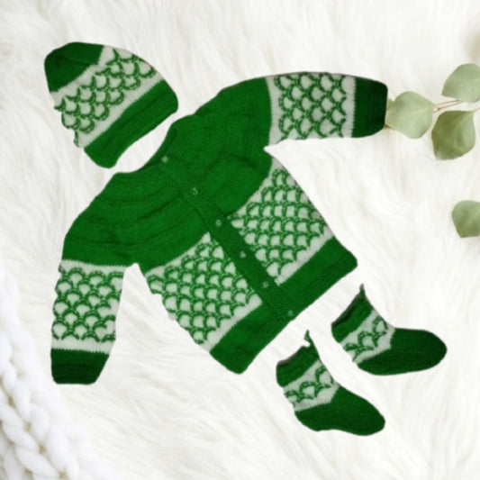 Knitted Self Design Sweater Set with Cap and Booties - Green and White