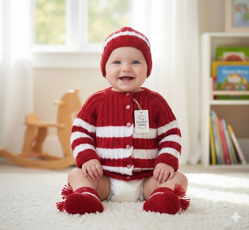 Unique Self Design Striped Sweater Set with Cap and Booties - Red and White