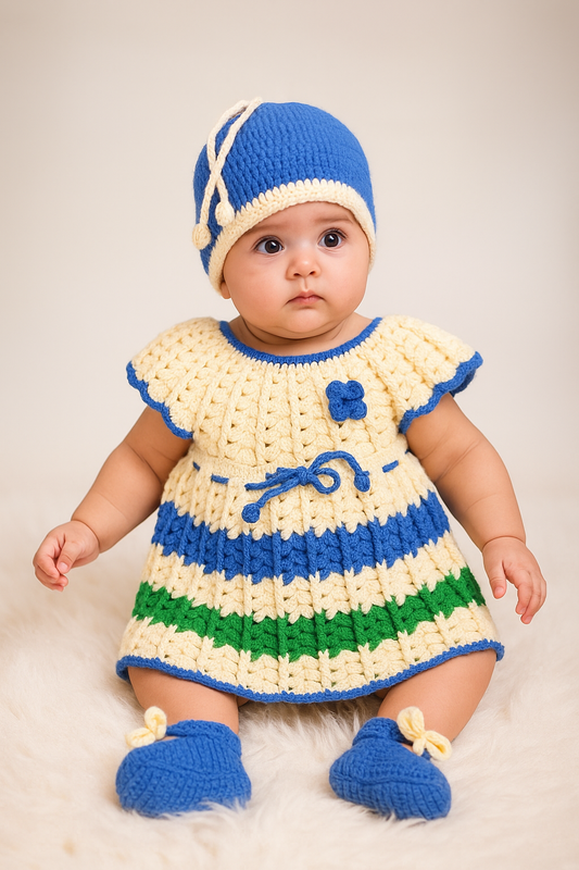 Multicolour Self Design Crochet Frock with Cap and Booties - Multi