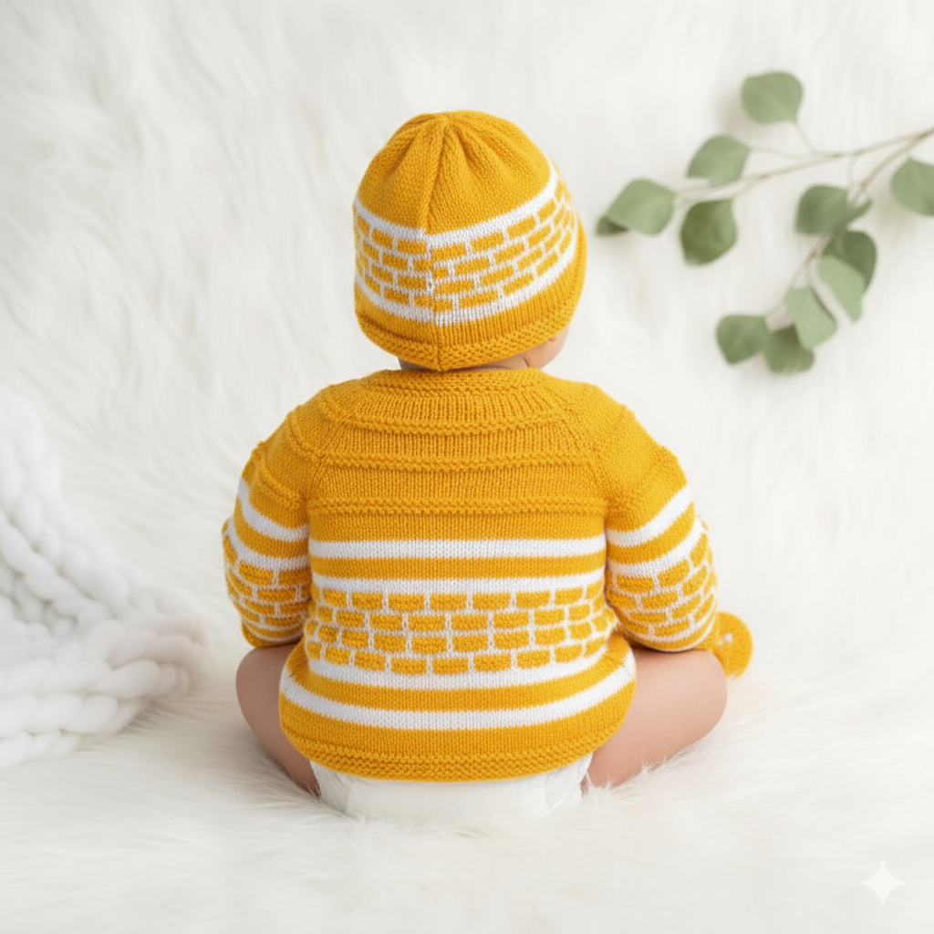 Hand knitted Box Design Sweater Set with Cap and Booties - Yellow and White