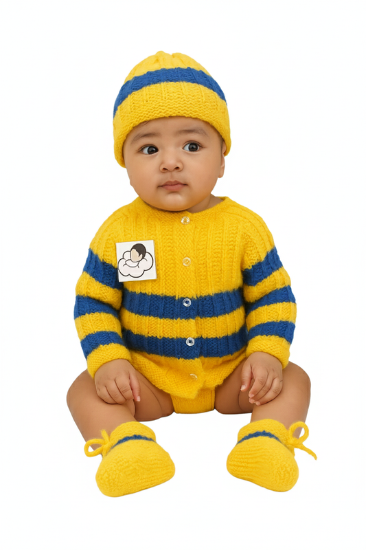 Hand knitted Striped Sweater Set with Cap and Booties - Yellow and Blue