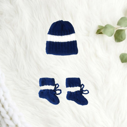 Hand Knitted Striped Sweater Set with Cap and Booties - Blue and White