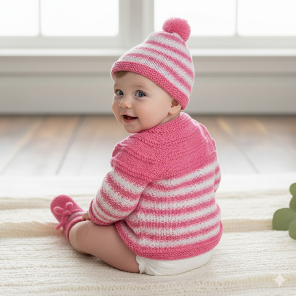 Hand Knitted Sweater Set with Cap & Booties for Baby – Baby Pink