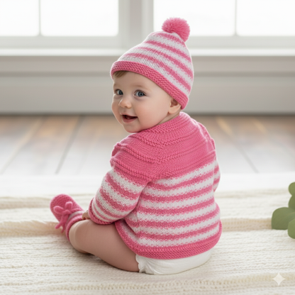 Hand Knitted Sweater Set with Cap & Booties for Baby – Baby Pink