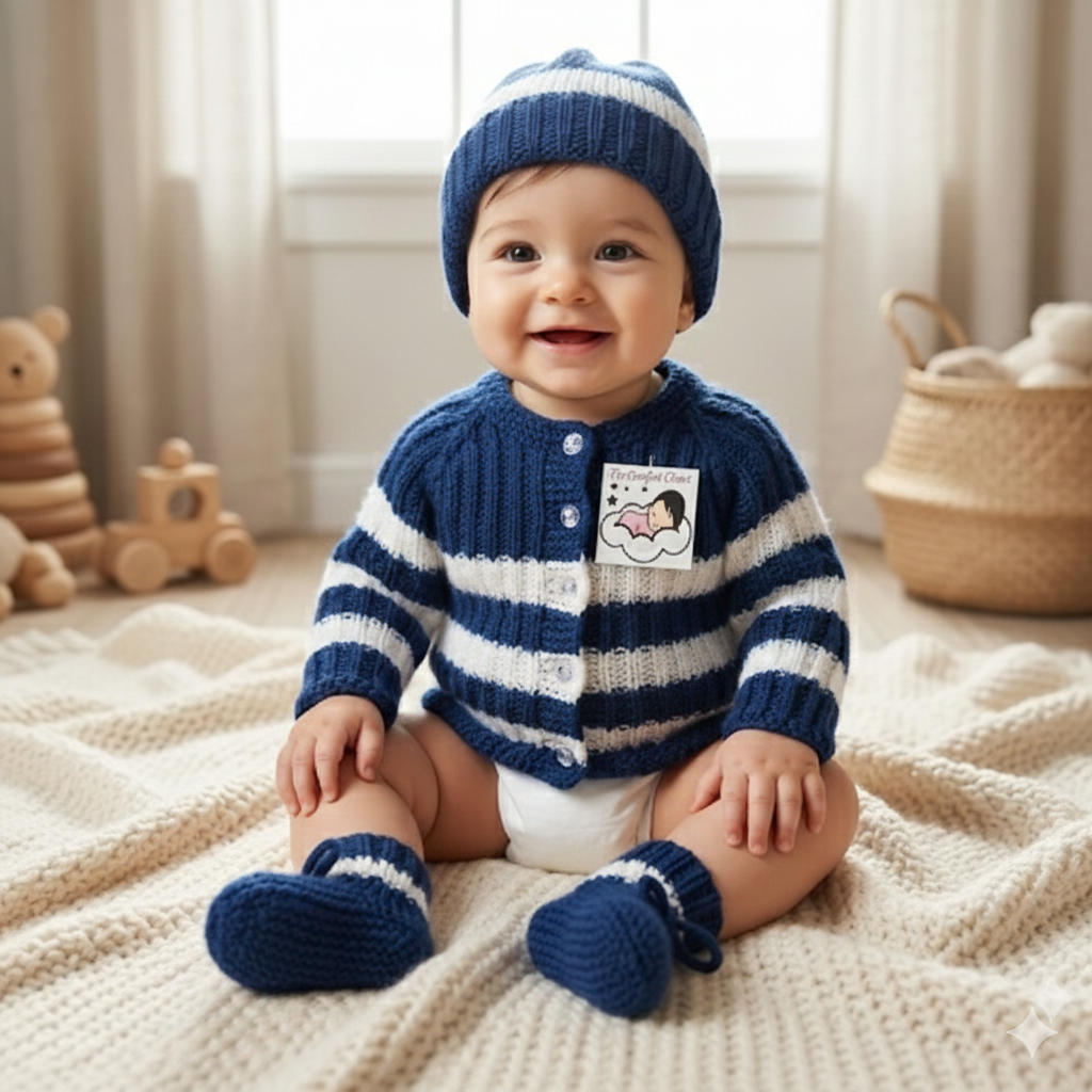 Hand Knitted Striped Sweater Set with Cap and Booties - Blue and White