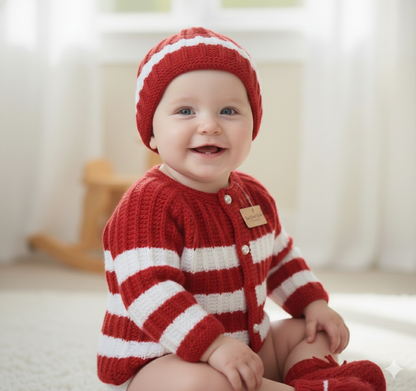 Unique Self Design Striped Sweater Set with Cap and Booties - Red and White