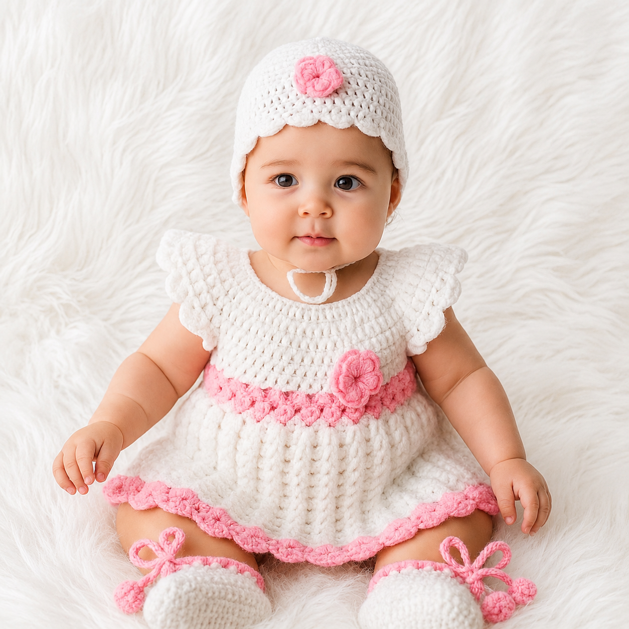 Handmade pink and white woollen frock set for baby girl with cap and booties