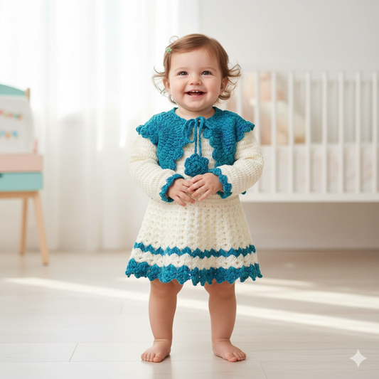 Baby Girl Full Sleeves Frock with Jacket - Blue and Cream