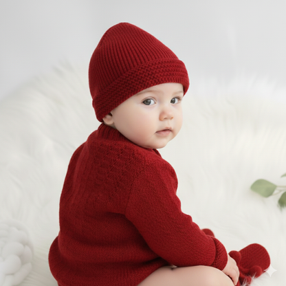 Hand knitted Self Design Sweater Set with Cap and Booties - Red