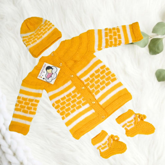 Hand knitted Box Design Sweater Set with Cap and Booties - Yellow and White
