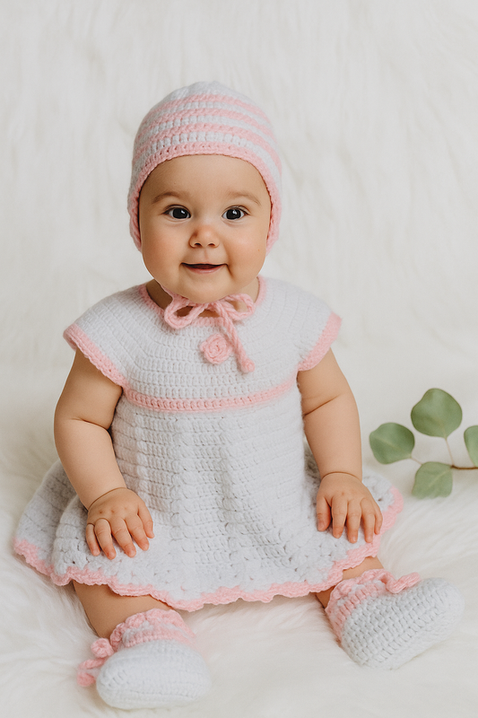 Baby Girl's Crochet Frock with Cap and Booties - Cream