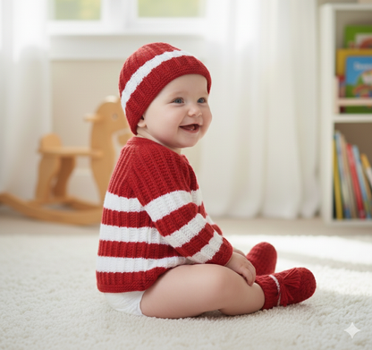 Unique Self Design Striped Sweater Set with Cap and Booties - Red and White
