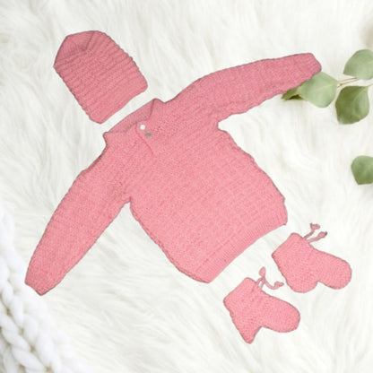 Hand knitted Self Design Sweater Set with Cap and Booties - Pink