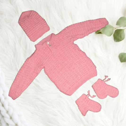 Hand knitted Self Design Sweater Set with Cap and Booties - Pink