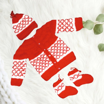 Knitted Self Design Sweater Set with Cap and Booties - Red and White