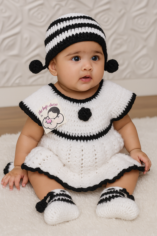 Woollen Casual wear Frock - White and Black