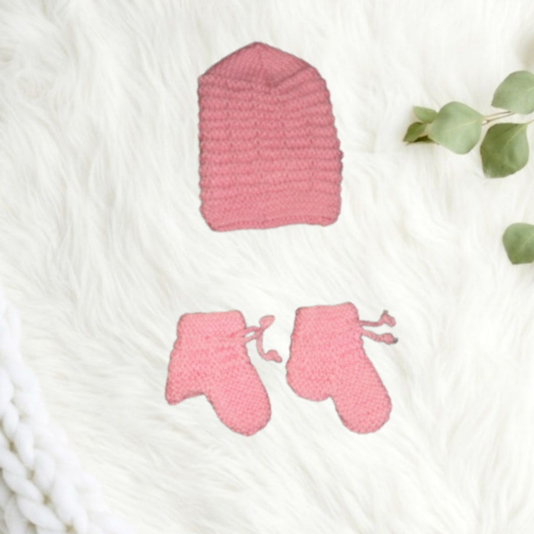 Hand knitted Self Design Sweater Set with Cap and Booties - Pink