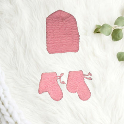 Hand knitted Self Design Sweater Set with Cap and Booties - Pink