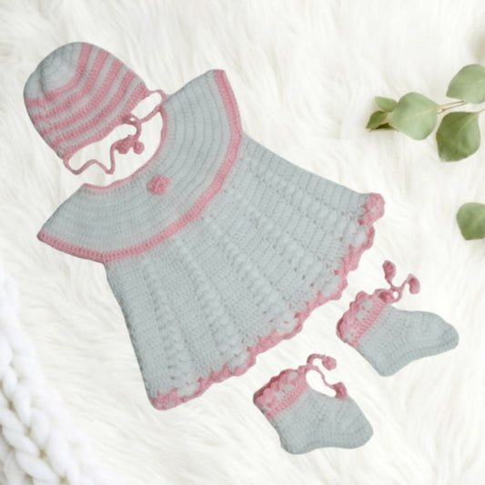 Baby Girl's Crochet Frock with Cap and Booties - Cream
