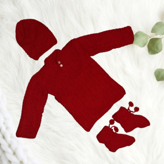 Hand knitted Self Design Sweater Set with Cap and Booties - Red