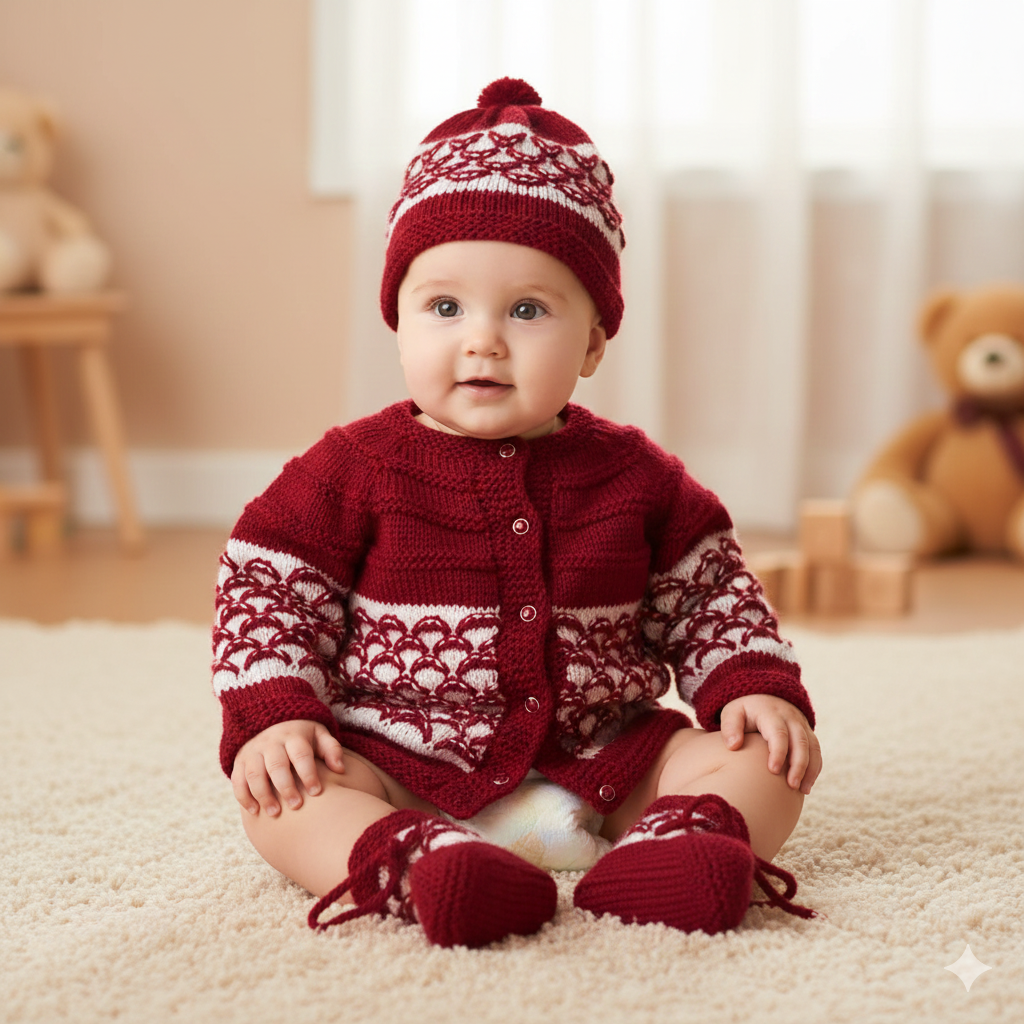Knitted Self Design Sweater Set with Cap and Booties - Red and White