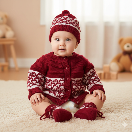 Knitted Self Design Sweater Set with Cap and Booties - Red and White