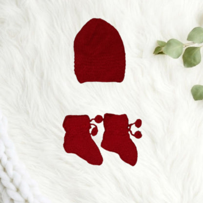 Hand knitted Self Design Sweater Set with Cap and Booties - Red