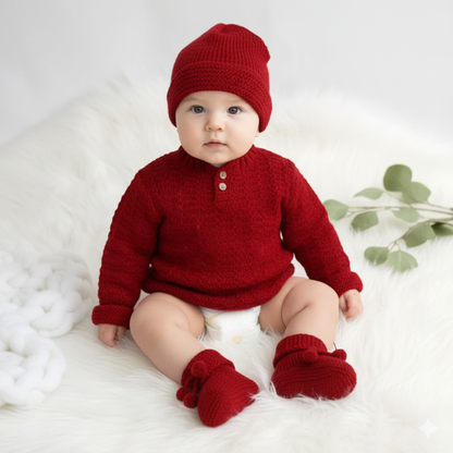 Hand knitted Self Design Sweater Set with Cap and Booties - Red