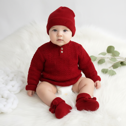Hand knitted Self Design Sweater Set with Cap and Booties - Red