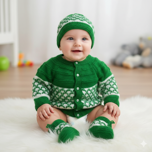 Knitted Self Design Sweater Set with Cap and Booties - Green and White
