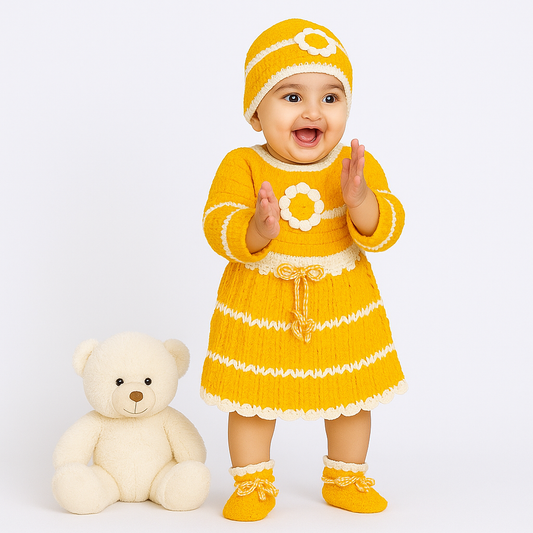 Hand Knitted Self Design Baby Frock Set with Cap & Booties – Yellow and White