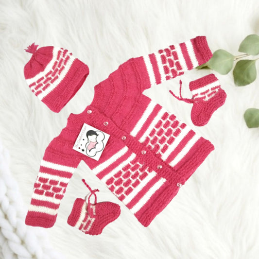 Hand knitted Box Design Sweater Set with Cap and Booties - Multicolour